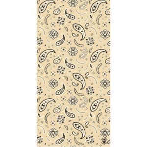 A repeating pattern of black paisley shapes and floral designs covers a beige background creating a decorative textile appearance suitable for fabric or wallpaper.