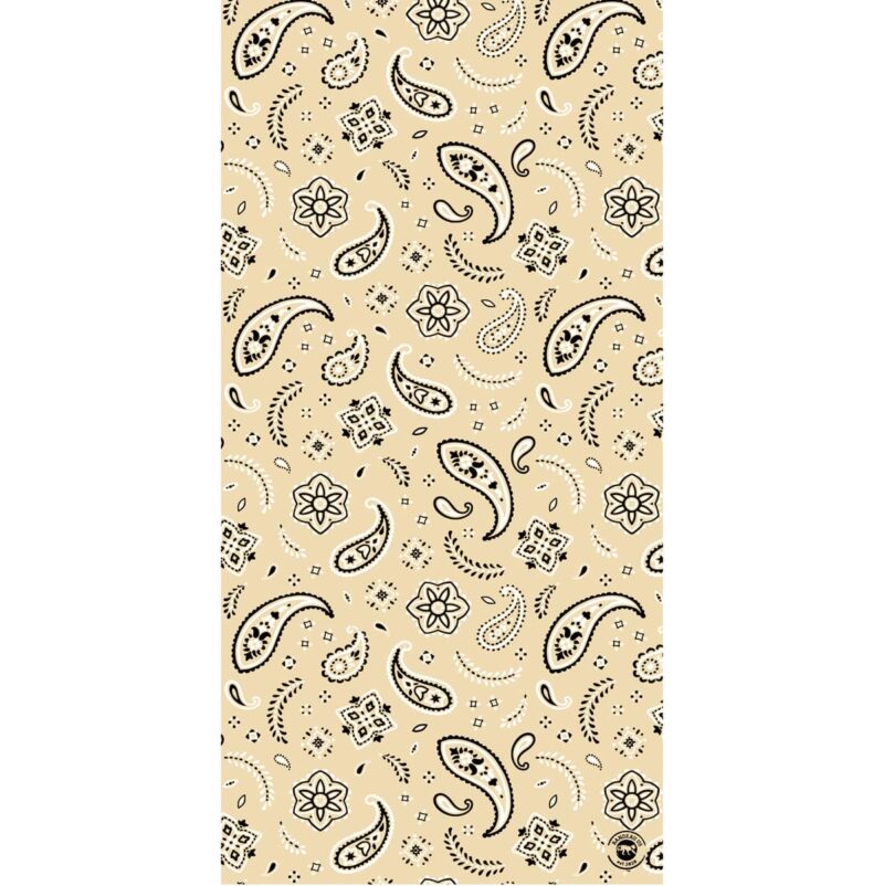 A repeating pattern of black paisley shapes and floral designs covers a beige background creating a decorative textile appearance suitable for fabric or wallpaper.