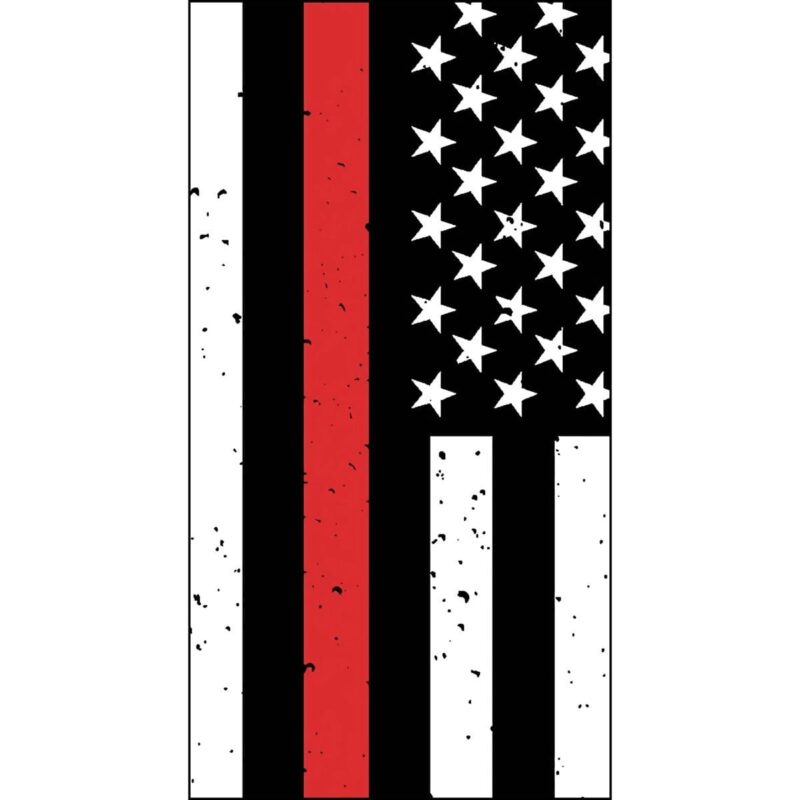 Red Line Flag Tube Headband A vertical flag design features a red stripe among black and white stripes on one side and a field of white stars on a black background on the other side.