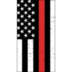 A stylized American flag features a black and white background with a vertical red stripe and white distressed stars on a black field  symbolizing support for law enforcement.