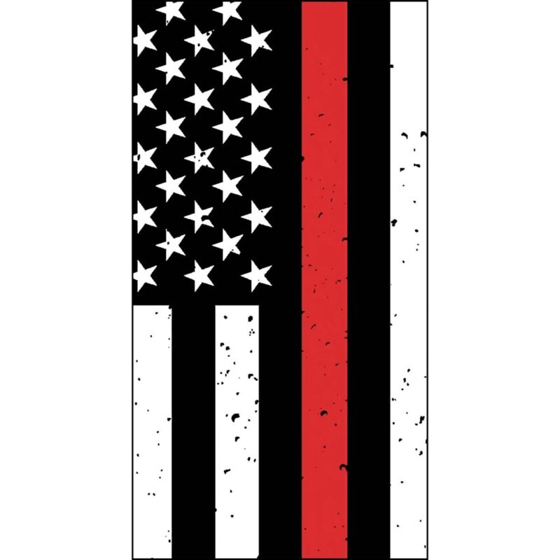 Red Line Flag Tube Headband A stylized American flag features a black and white background with a vertical red stripe and white distressed stars on a black field symbolizing support for law enforcement.