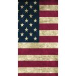 A tattered American flag displays thirteen horizontal stripes in red and white with a blue field featuring fifty stars arranged in nine rows. The background has a weathered texture.