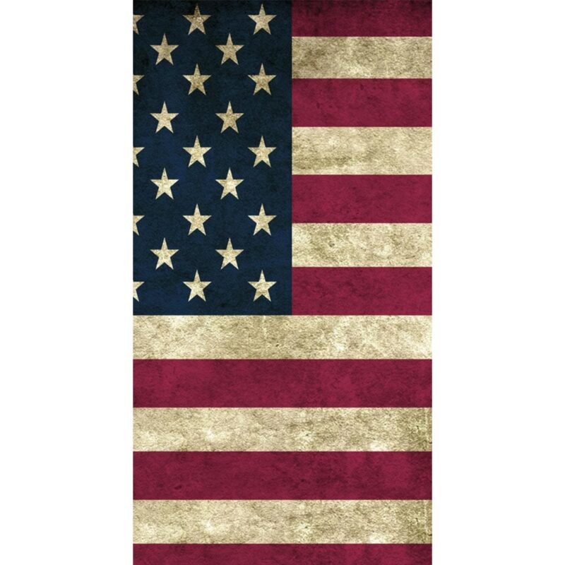 US Flag Worn Tube Headband A tattered American flag displays thirteen horizontal stripes in red and white with a blue field featuring fifty stars arranged in nine rows. The background has a weathered texture.