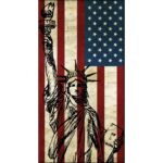 A stylized depiction of the Statue of Liberty raises a torch against a background of red and white stripes with a blue field of stars representing the American flag in a vintage design.