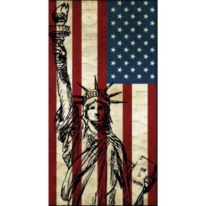 A stylized depiction of the Statue of Liberty raises a torch against a background of red and white stripes with a blue field of stars representing the American flag in a vintage design.