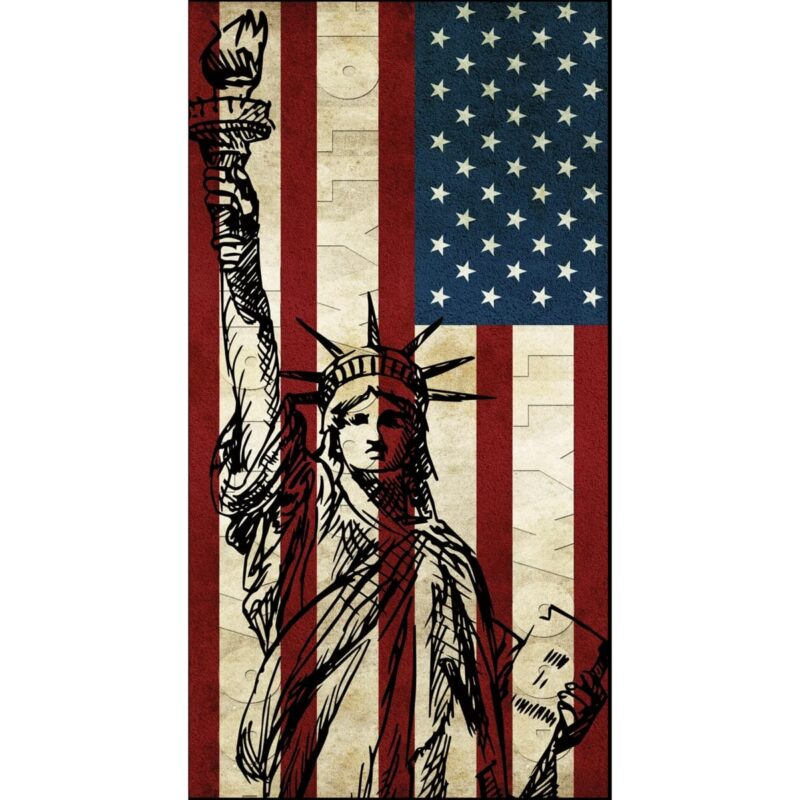 Liberty Flag Tube Headband A stylized depiction of the Statue of Liberty raises a torch against a background of red and white stripes with a blue field of stars representing the American flag in a vintage design.