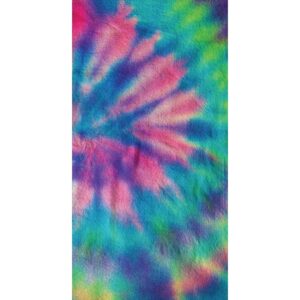 A colorful tie-dye fabric displays a spiral pattern in vibrant hues of pink blue green and purple creating a lively and energetic visual effect in a soft textured surface.