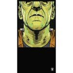 A stylized green-skinned face stares directly ahead with a serious expression showcasing a prominent jawline and neck; the background is dark  enhancing the figure's features.