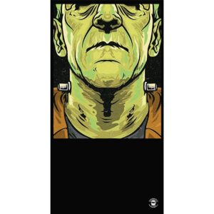 A stylized green-skinned face stares directly ahead with a serious expression showcasing a prominent jawline and neck; the background is dark  enhancing the figure's features.
