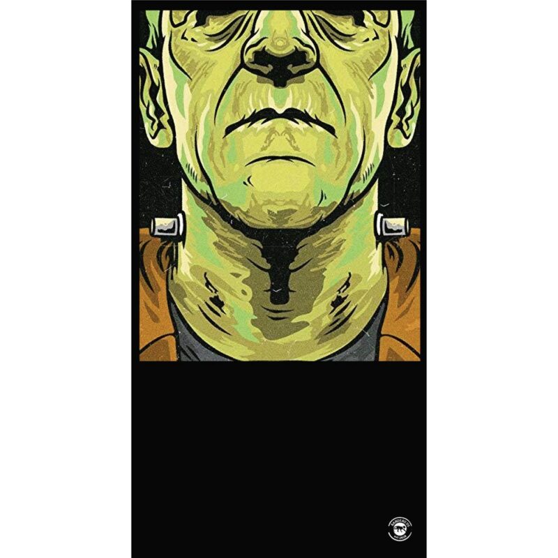 Frankenstein Tube Headband A stylized green-skinned face stares directly ahead with a serious expression showcasing a prominent jawline and neck; the background is dark enhancing the figure's features.