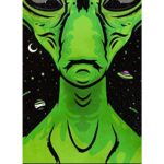 A green alien figure gazes forward with exaggerated features against a black starry background filled with planets and cosmic details  conveying a sense of otherworldliness and curiosity.