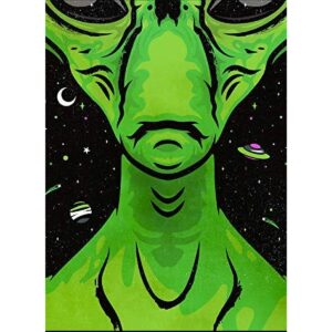 A green alien figure gazes forward with exaggerated features against a black starry background filled with planets and cosmic details  conveying a sense of otherworldliness and curiosity.