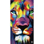 A colorful illustrated lion's face dominates the image showcasing vibrant hues of red blue green and yellow its expressive eyes and mane are intricately designed against a solid black background.