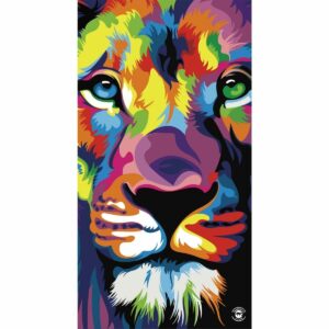 A vibrant  abstract depiction of a lion's face filled with bold colors like blue  green  orange and yellow with expressive features and a striking gaze against a contrasting background