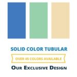 Three color swatches displayed vertically in blue green and beige each representing solid colors available for a product with text promoting over 45 color options and an exclusive design.